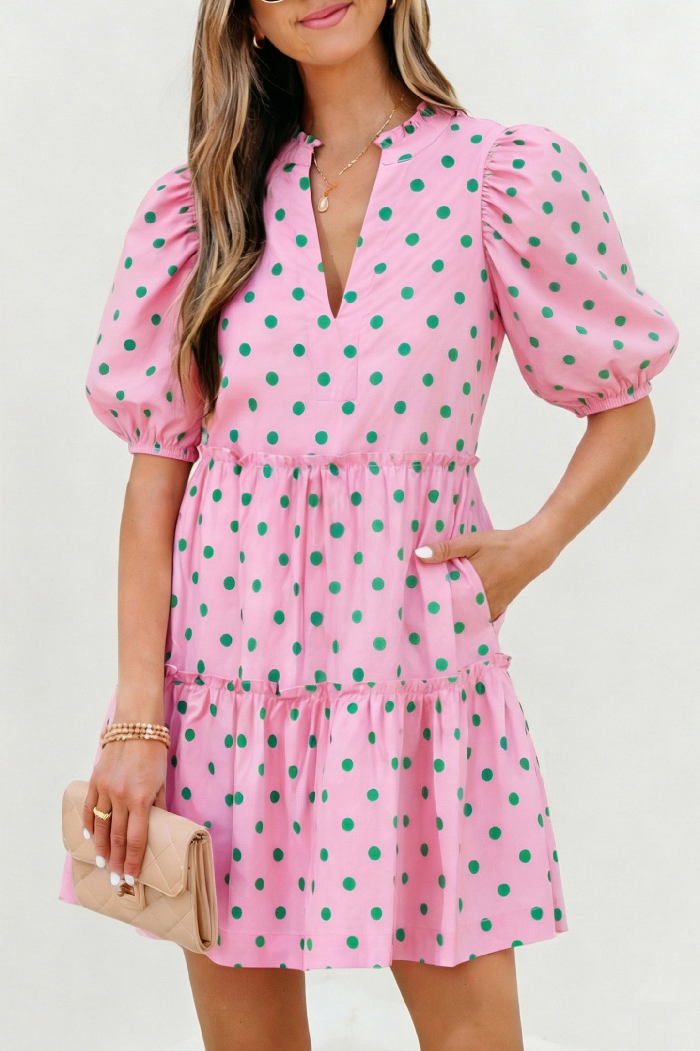 Polka Dot V-Neck Short Sleeve Tiered Mini Dress