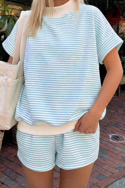 Stripe Contrast Mock Neck Tee & Shorts Set