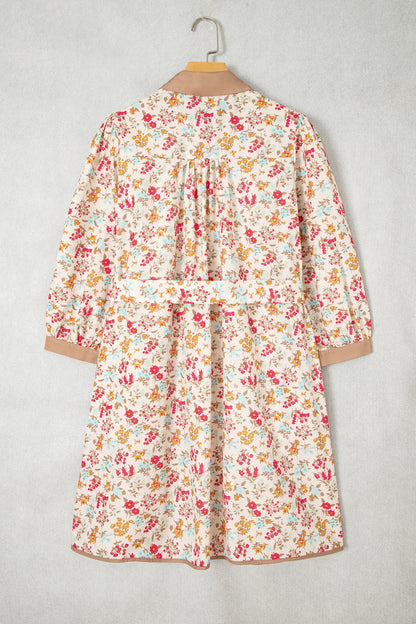 Floral Button Down Belted 3/4 Sleeve Mini Dress