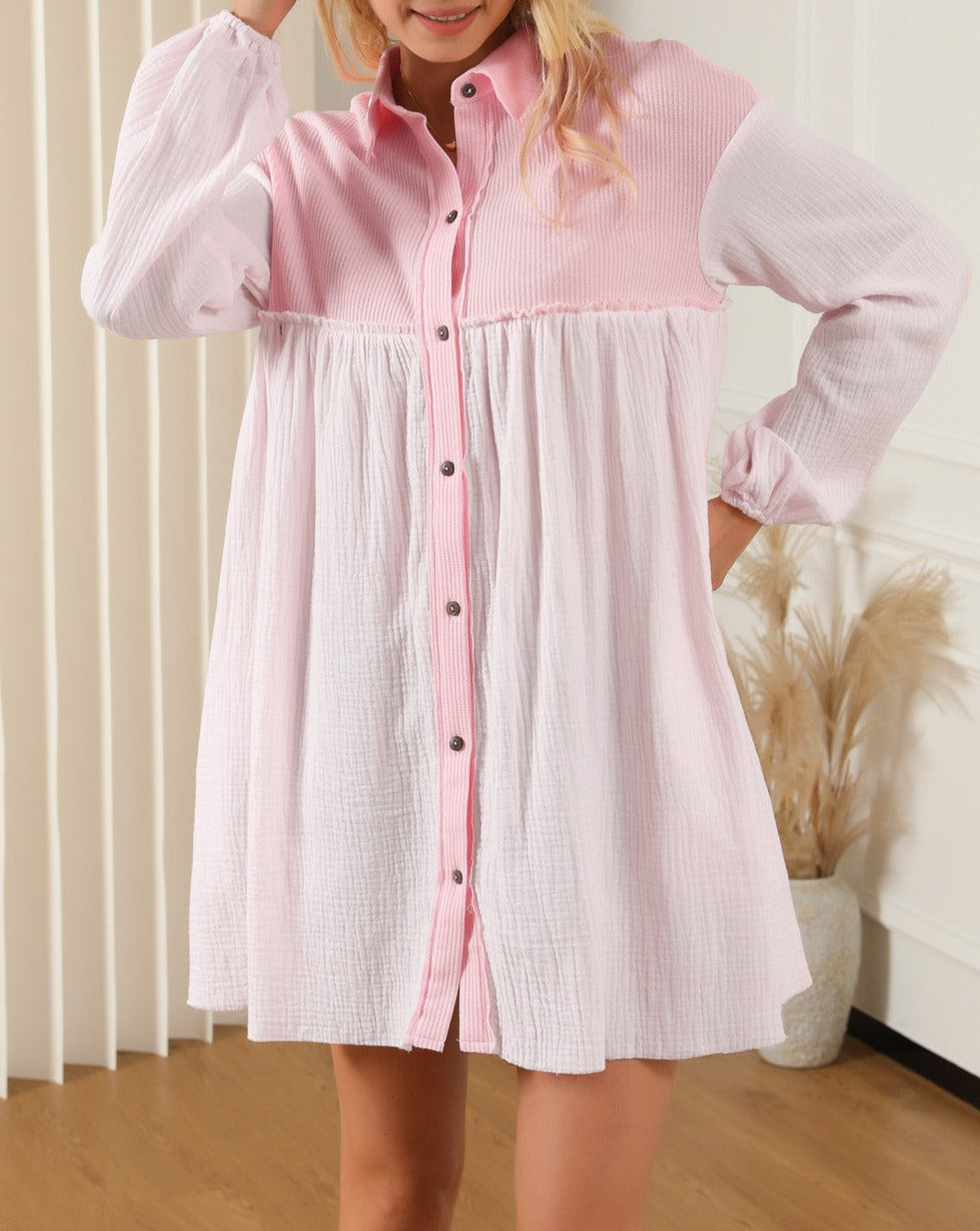 Gauze Puff Sleeve Shirt Dress