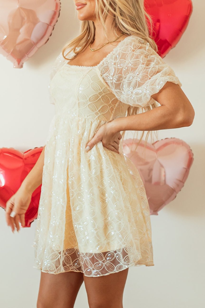 Sequin Lace Bubble Sleeve Dress