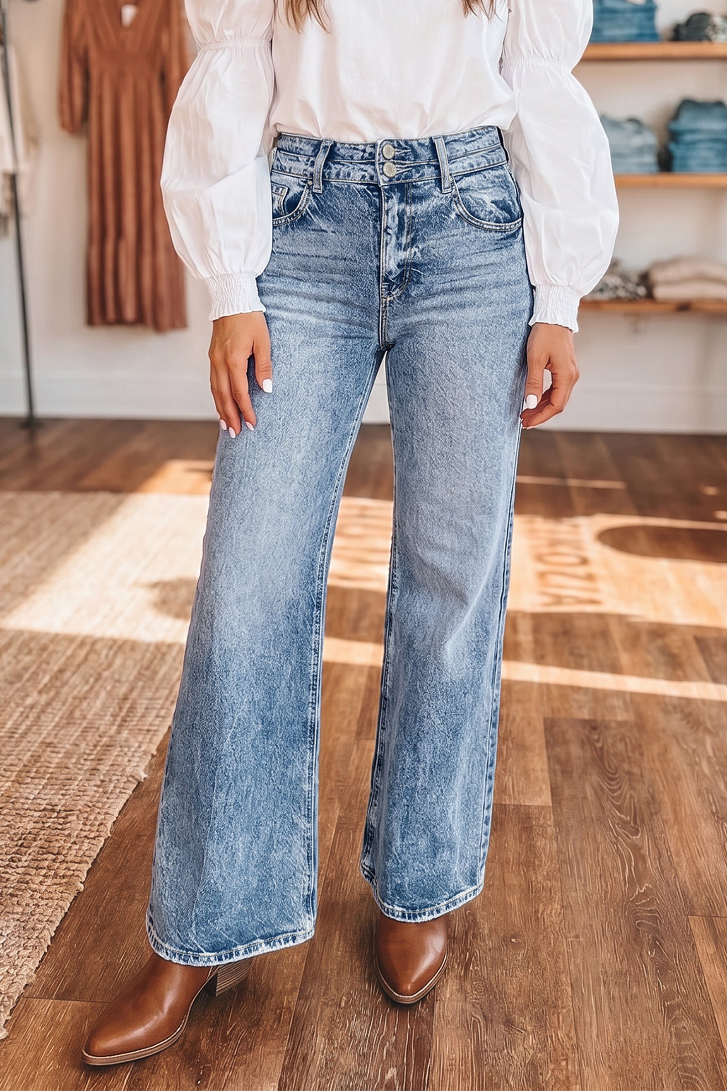 Denim Acid Wash Pockets Flare Jeans