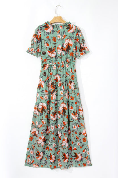 Floral Frilled V-Neck Short Sleeve Maxi Dress