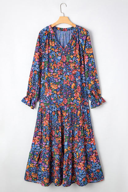 Floral V-Neck Long Sleeve Maxi Dress