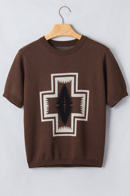 Western Geometric Short Sleeve Sweater Knit Top