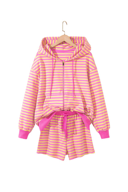 Stripe Long Sleeve Zip-Up Hoodie & Shorts Set