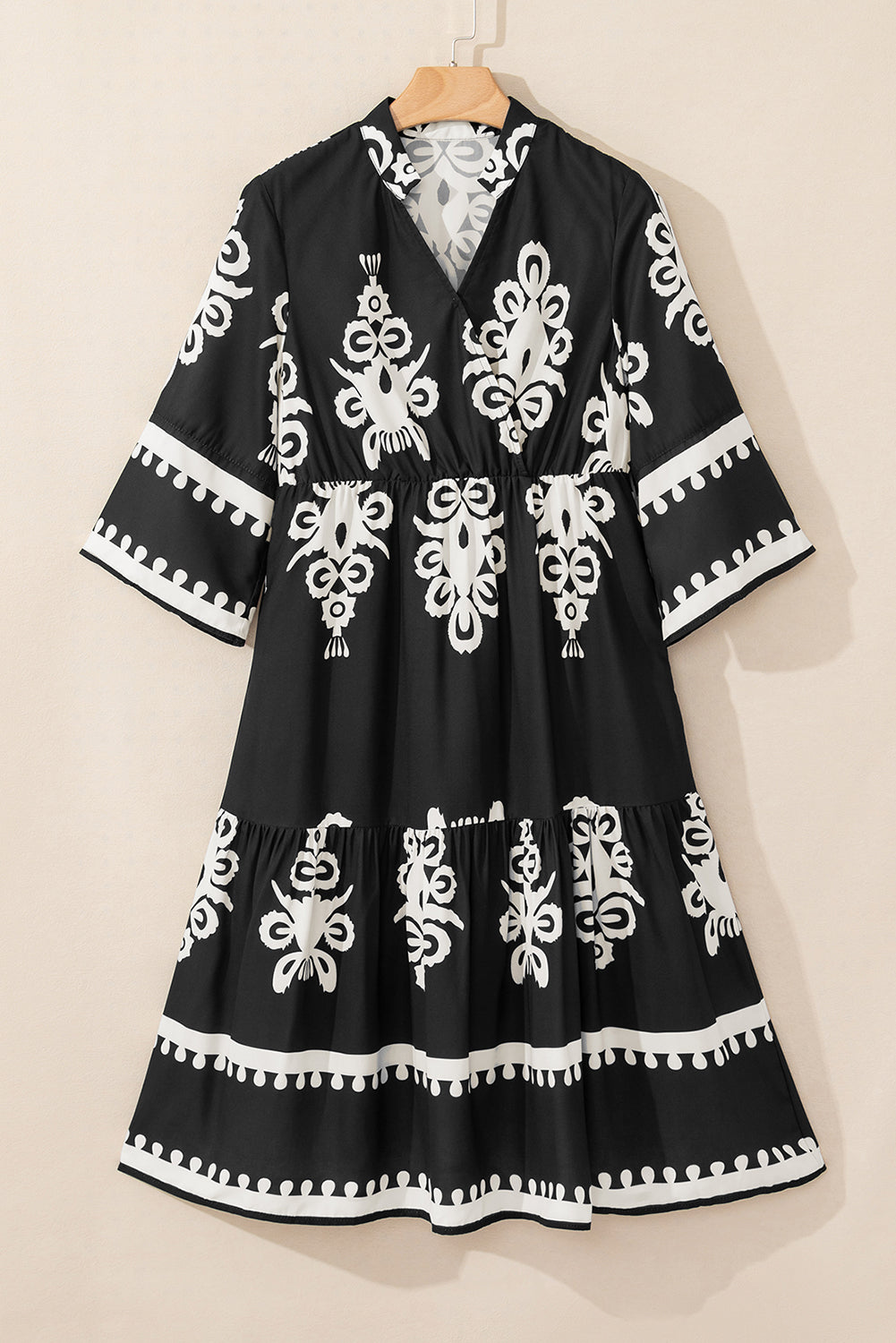 Western Geometric 3/4 Sleeve Midi Dress