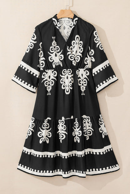Western Geometric 3/4 Sleeve Midi Dress