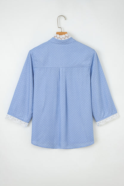Dotted Denim Lace Trim Collared V-Neck Blouse