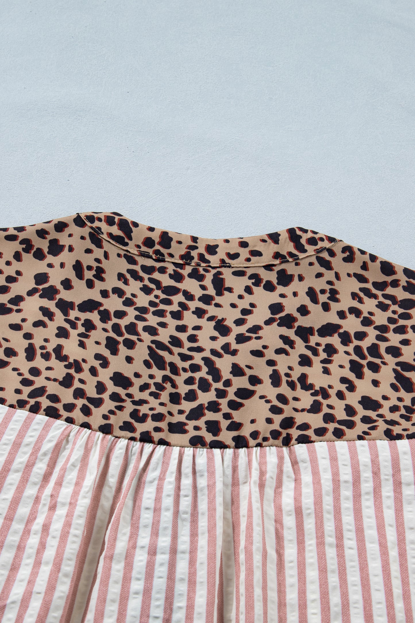 Stripe Leopard Trim V-Neck Buttoned Short Sleeve Shirt