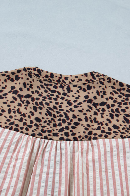 Stripe Leopard Trim V-Neck Buttoned Short Sleeve Shirt
