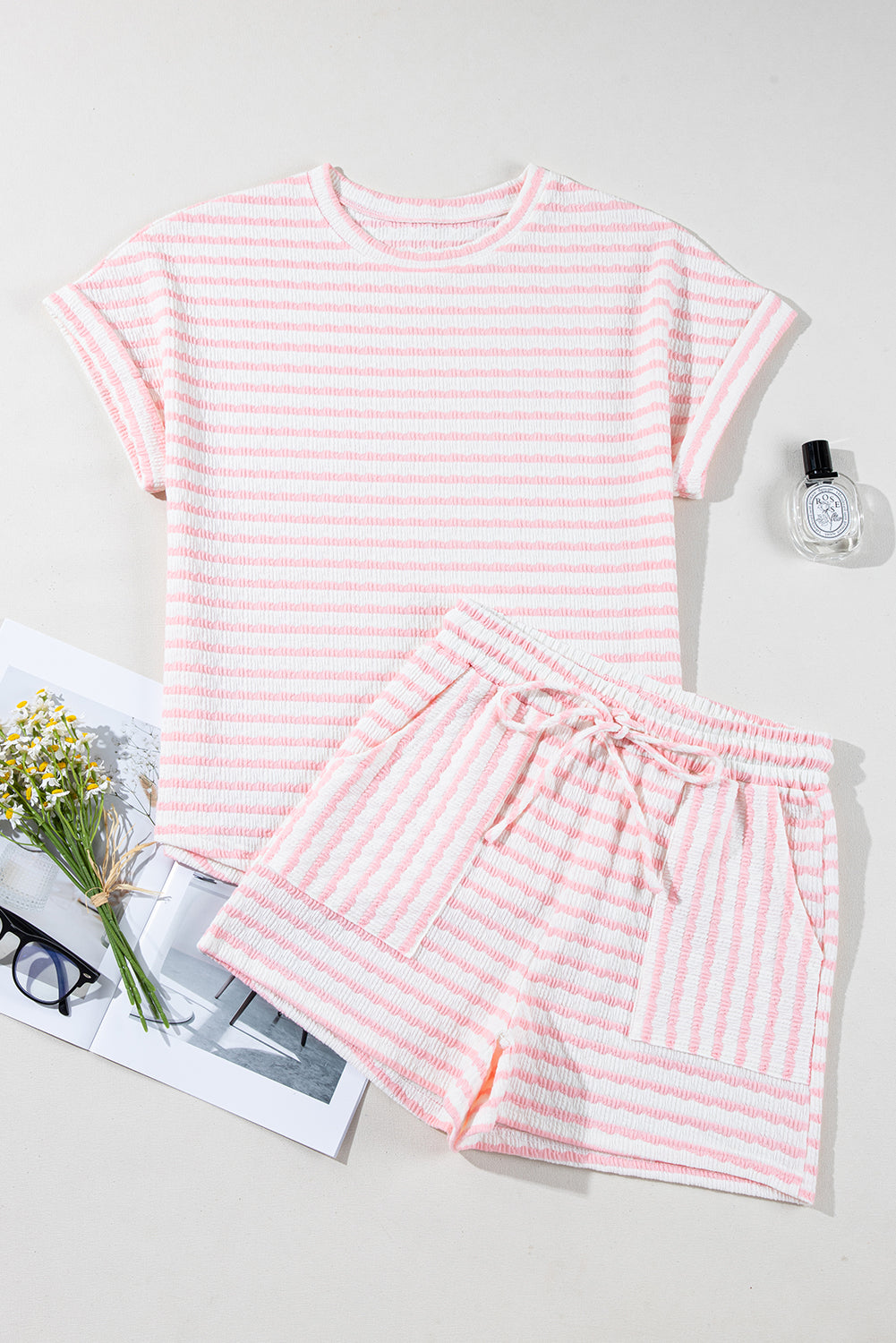 Stripe Knitted Top & Drawstring Shorts Set