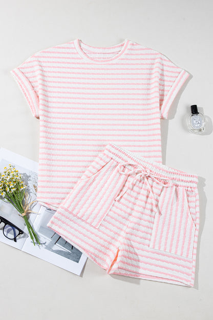 Stripe Knitted Top & Drawstring Shorts Set