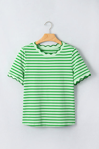 Stripe Scallop Trim Round Neck T-Shirt