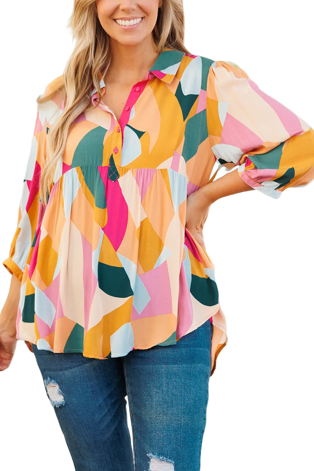 Geometric Henley Blouse