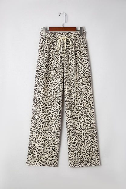 Leopard Drawstring Elastic Waist Straight Leg Pants