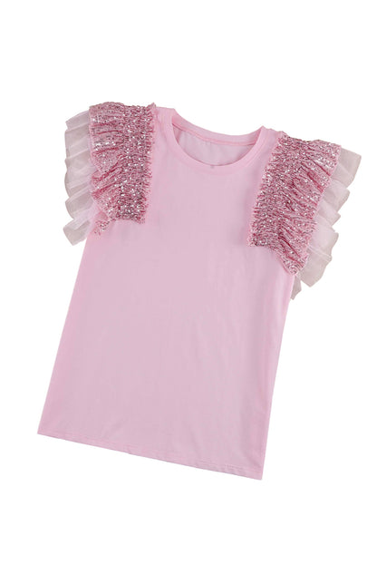 Sequin Mesh Ruffle Short Sleeve Top