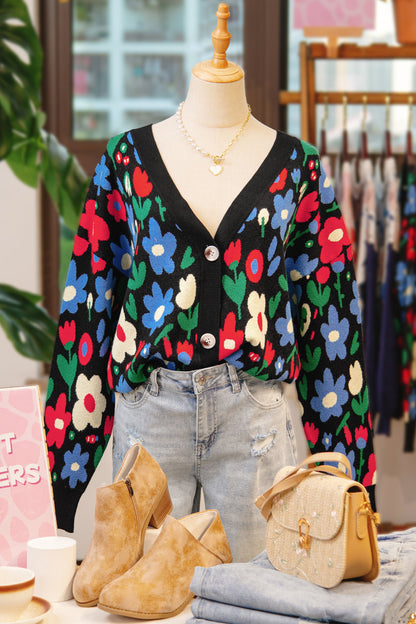 Floral Buttoned V-Neck Cardigan Sweater