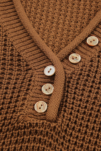 Chunky Waffle Buttoned V-Neck Sweater