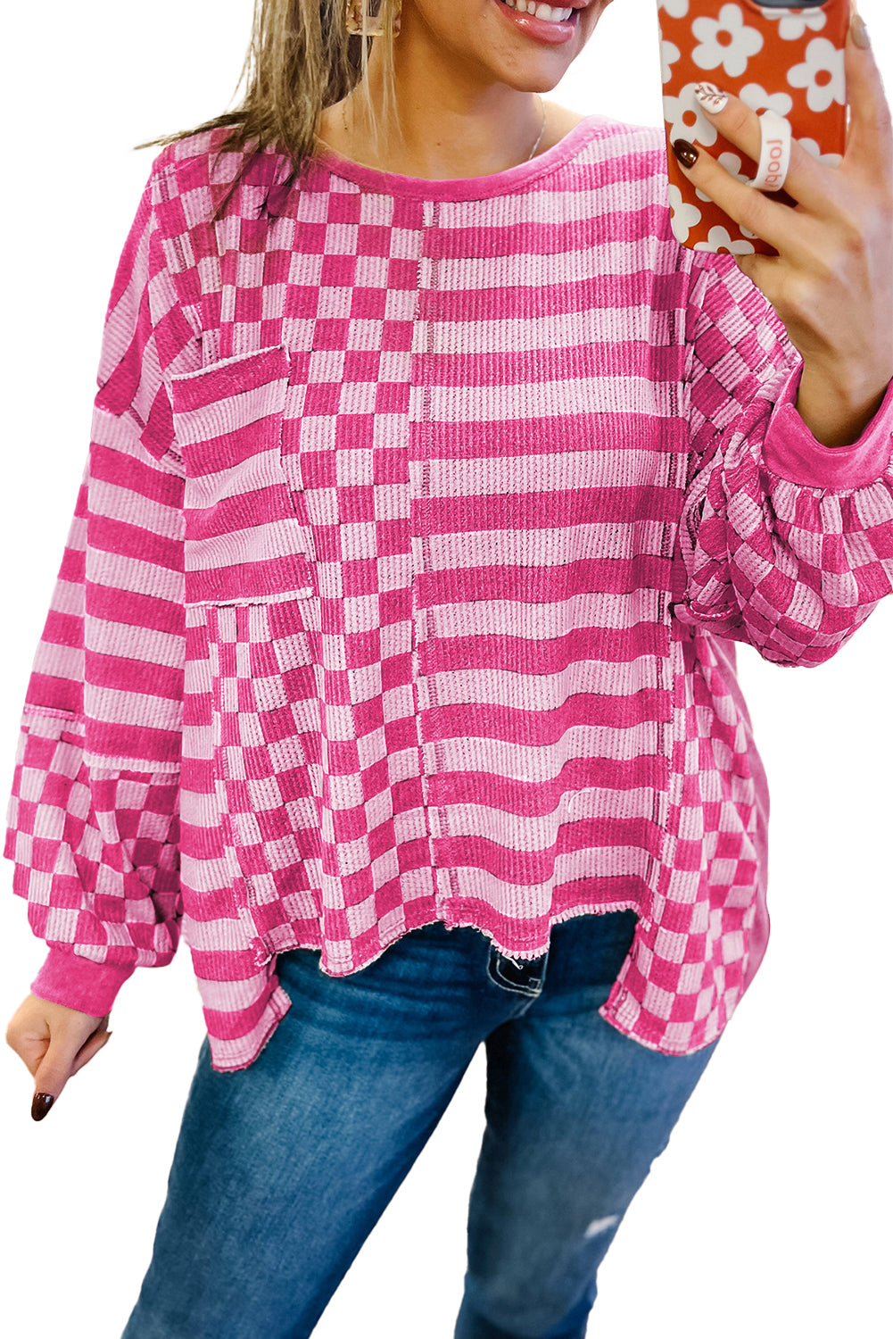 Checker Stripe Lantern Sleeve Blouse