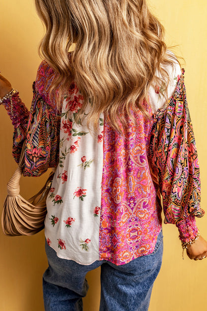 Floral Patchwork V-Neck Blouse