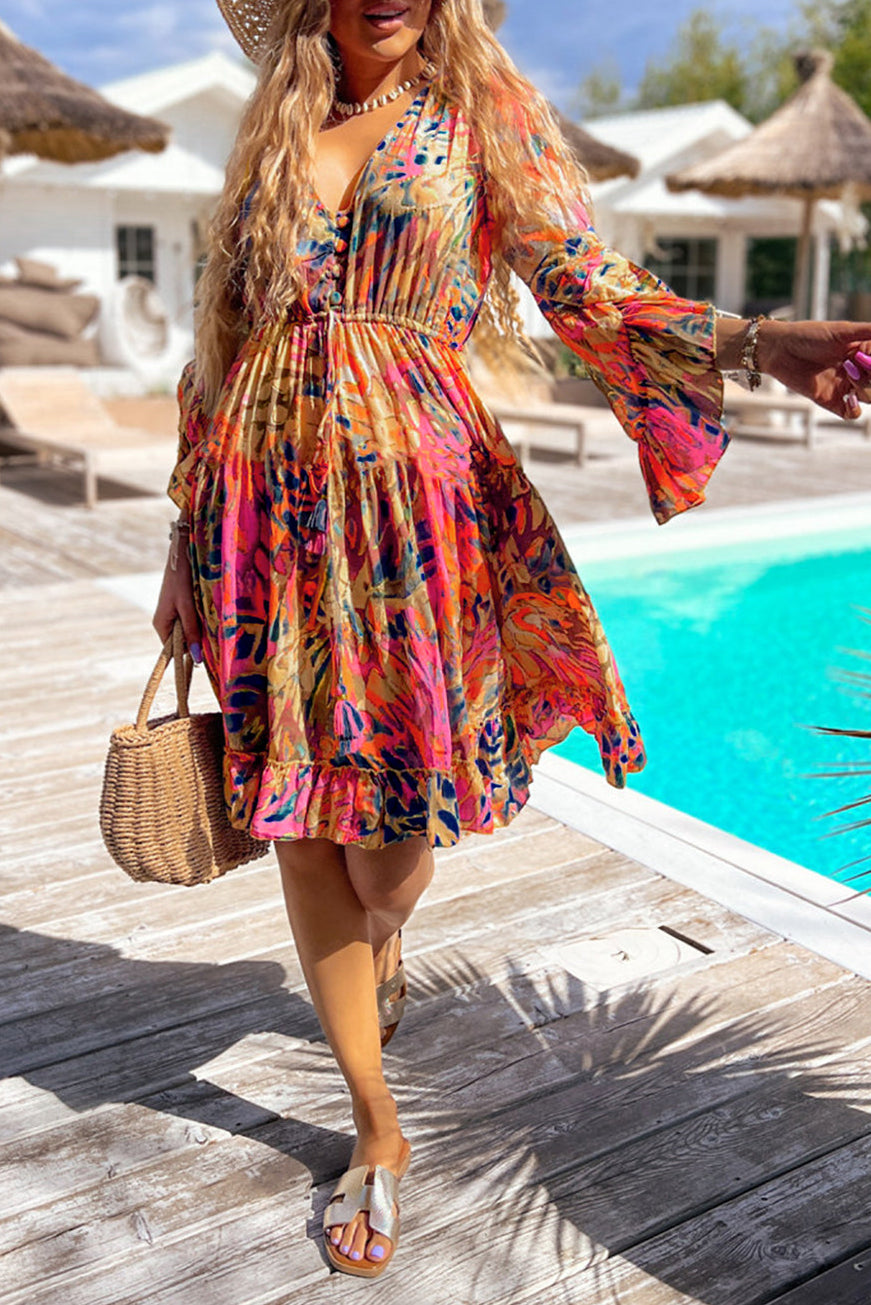 Tropical Ruffle Flare Sleeve Dress