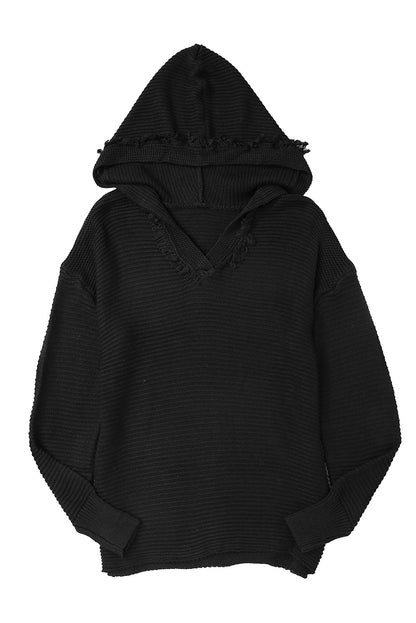 Ribbed Raw Edge Hooded Sweater