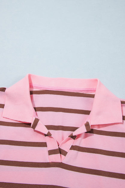 Stripe Collared V-Neck Long Sleeve Top