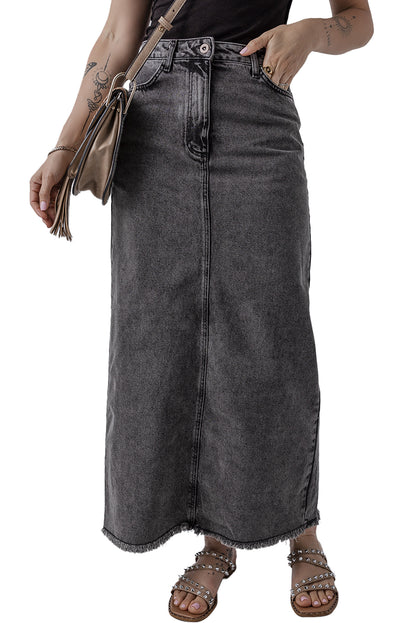 Denim Raw Hem Midi Skirt