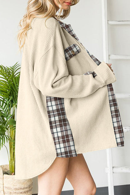 Waffle Plaid Patchwork Pocketed Shacket