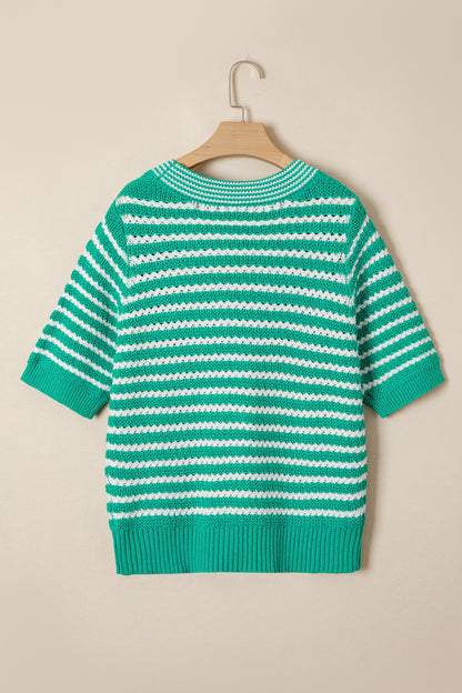 Stripe Bow Tie V-Neck Short Sleeve Sweater