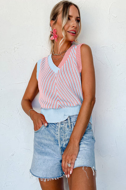 Chevron Contrast V-Neck Sleeveless Sweater Top
