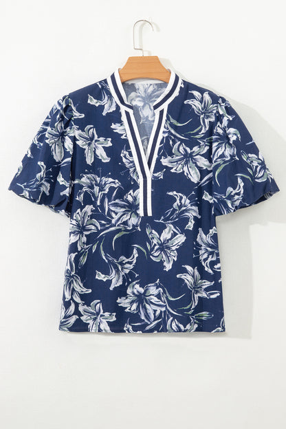 Floral Stripe Trim Puff Sleeve V-Neck Blouse