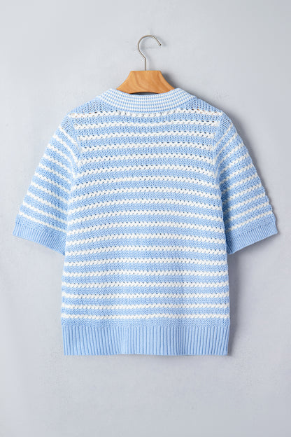 Stripe Bow Tie V-Neck Short Sleeve Sweater