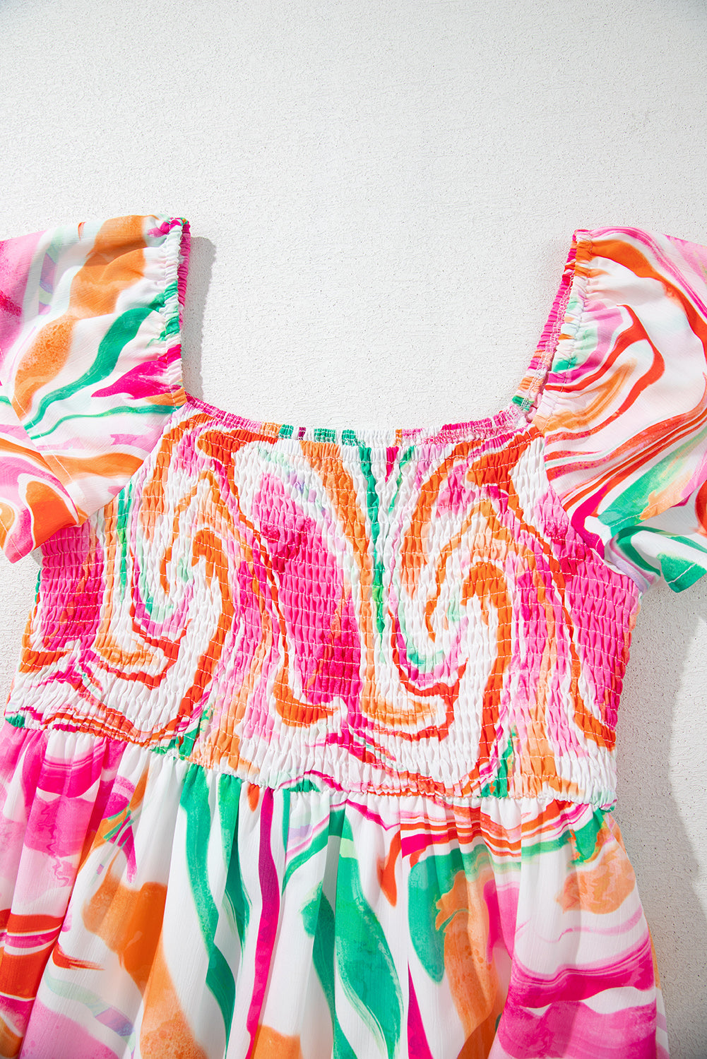 Abstract Ruffle Sleeve Smocked Maxi Dress