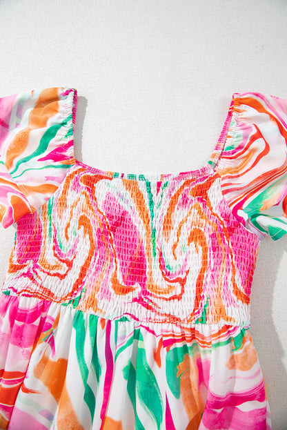Abstract Ruffle Sleeve Smocked Maxi Dress