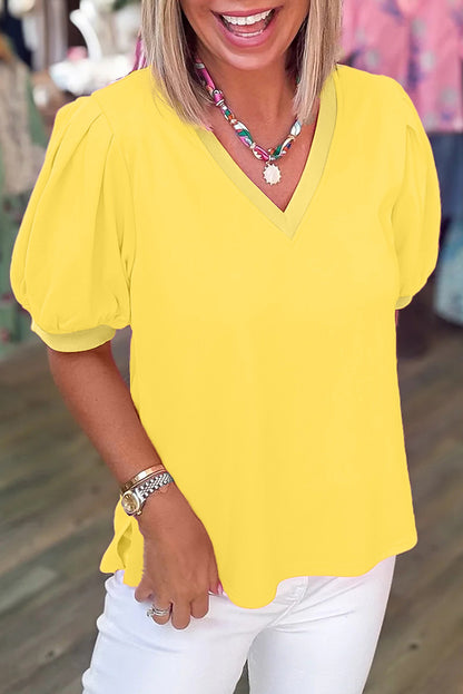 Solid V-Neck Short Puff Sleeve Blouse