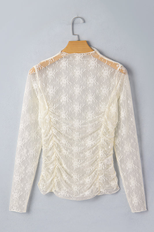 Floral Mesh Ruched Long Sleeve Sheer Top