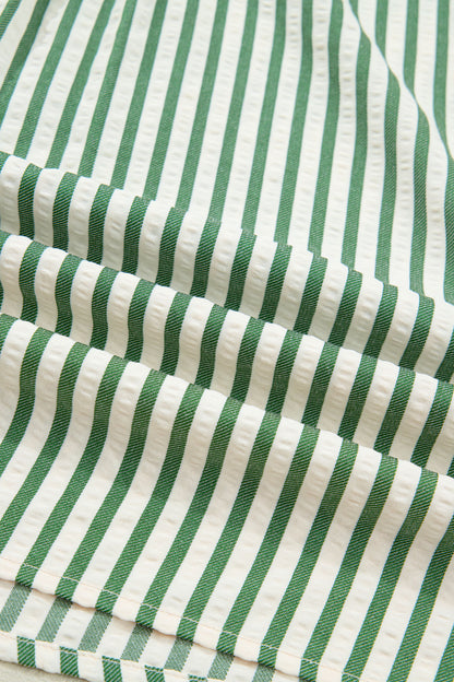 Stripe Collared V-Neck Bubble Sleeve Blouse