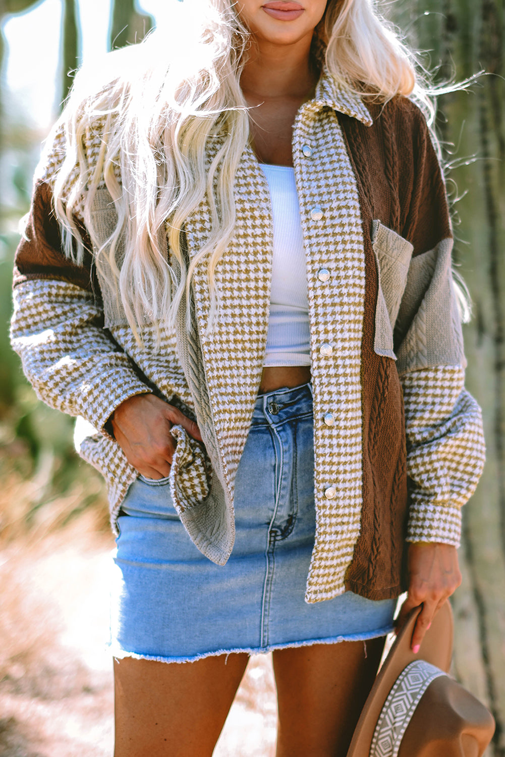 Houndstooth Colorblock Textured Patchwork Shacket