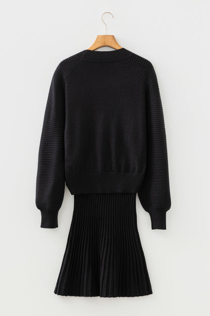 Solid High Neck Sweater and Pleated Mini Skirt Set