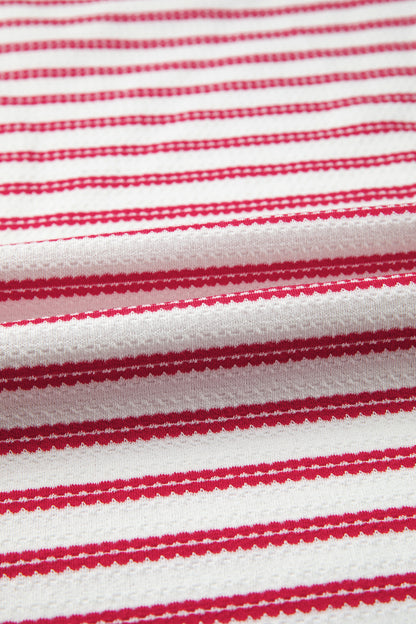 Stripe Textured Knit Buttoned Shoulder Short Sleeve Tee