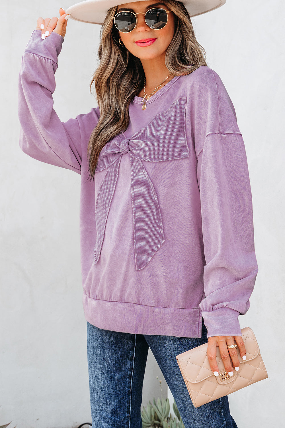 Solid Bow Patchwork Mineral Wash Sweatshirt