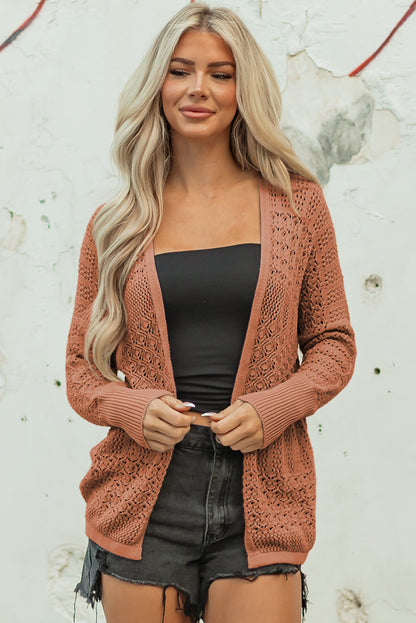 Solid Hollow Knit Open-Front Cardigan