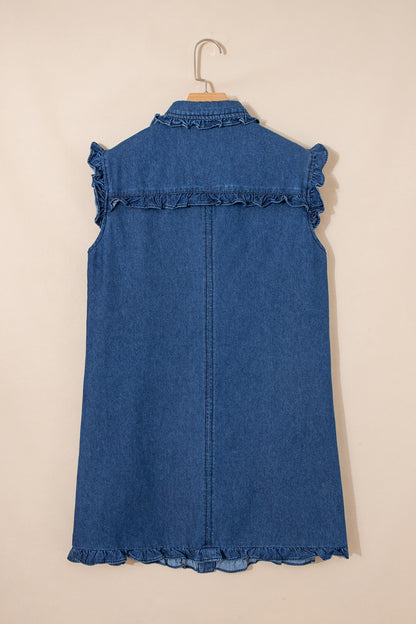 Denim Ruffle Edge Collared Button Up Dress
