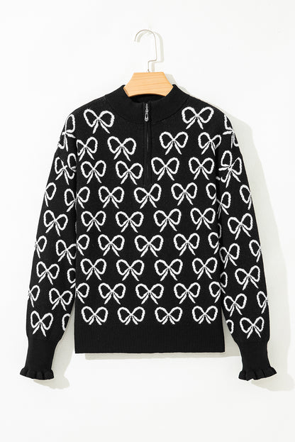 Bow Zipped Collar Drop Shoulder Sweater
