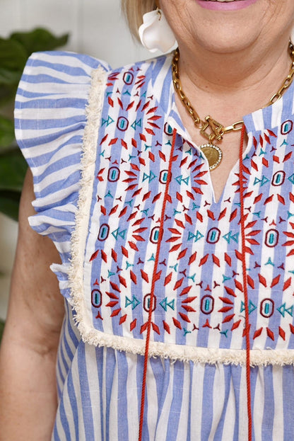 Stripe Embroidered Tassel Tie Blouse Plus Size