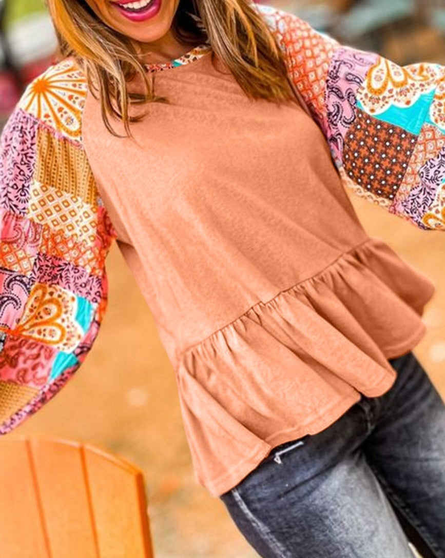 Paisley Raglan Sleeve Peplum Blouse