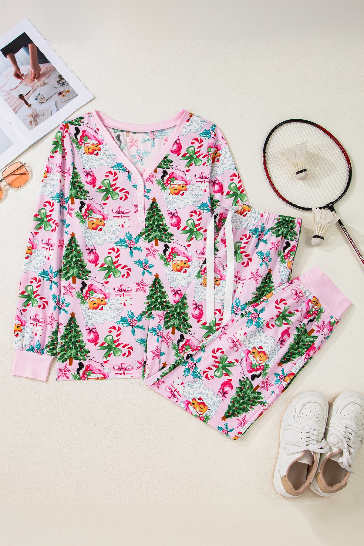 Christmas V-Neck Pullover and Drawstring Pants Lounge Set