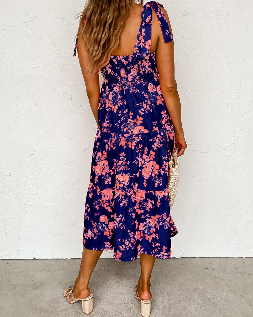 Floral Knotted Straps Tiered Midi Dress